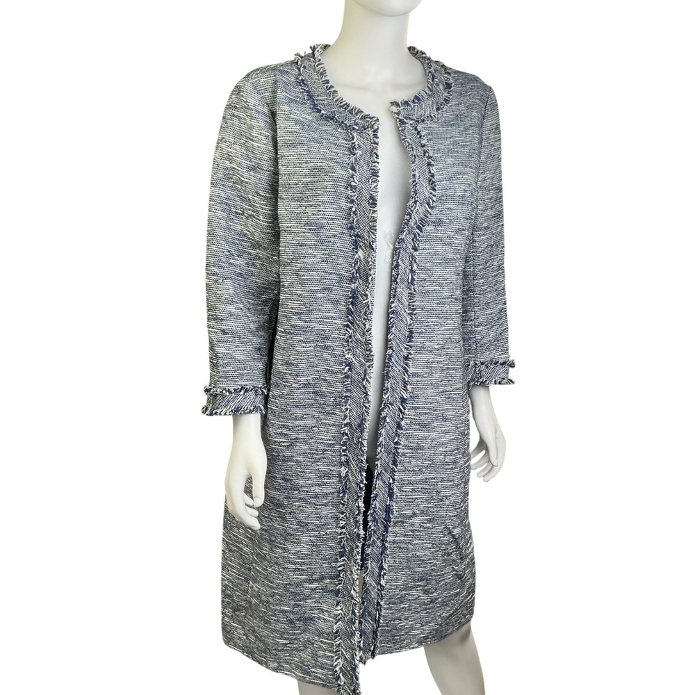 Anne‎ Klein Blue White Tweed Longline Fringed Topper Jacket Size 12 NEW - Picture 7 of 16